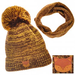 Musztardowo-brązowy komplet zimowy LISEK czapka + komin