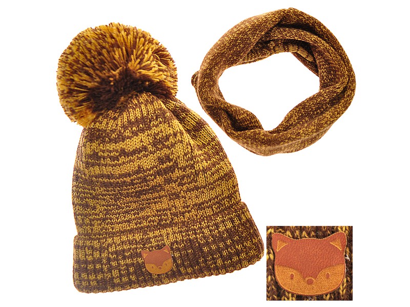 Musztardowo-brązowy komplet zimowy LISEK czapka + komin