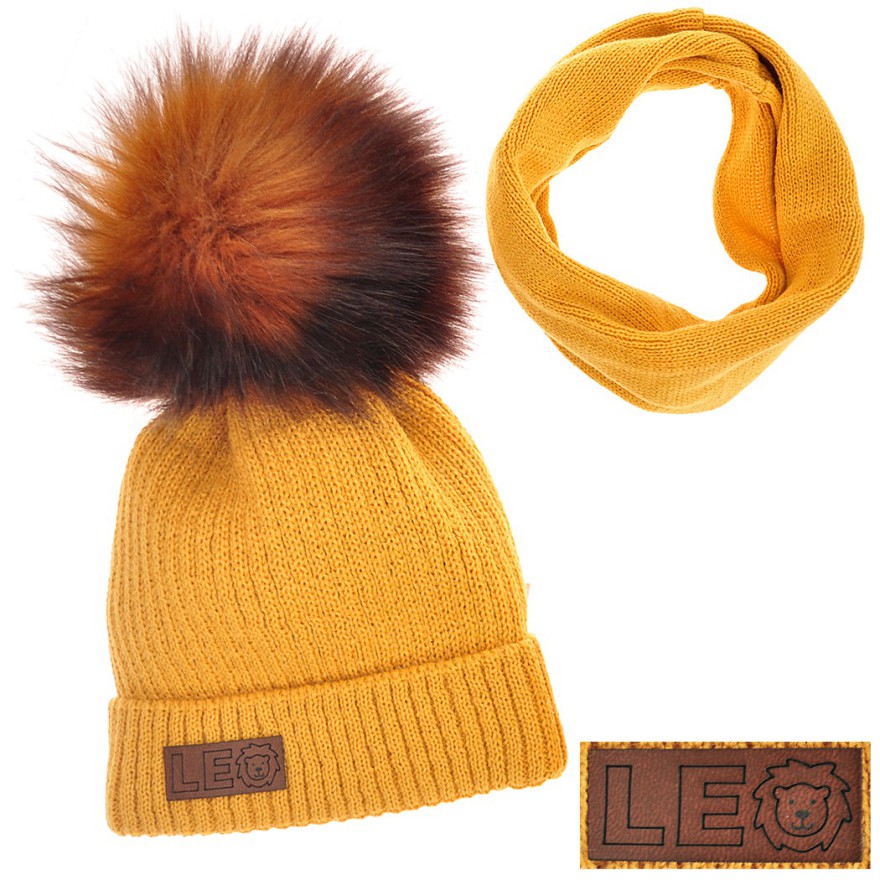 Musztardowy komplet zimowy LEO czapka + komin emblemat z lwem