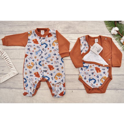 WYPRAWKA dla noworodka do szpitala 5 części brązowo-szara w dinozaury wzór 215BR