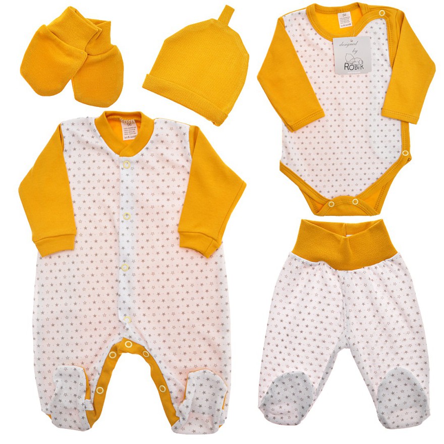 WYPRAWKA dla noworodka do szpitala 5 części musztardowa w gwiazdki wzór 214MU