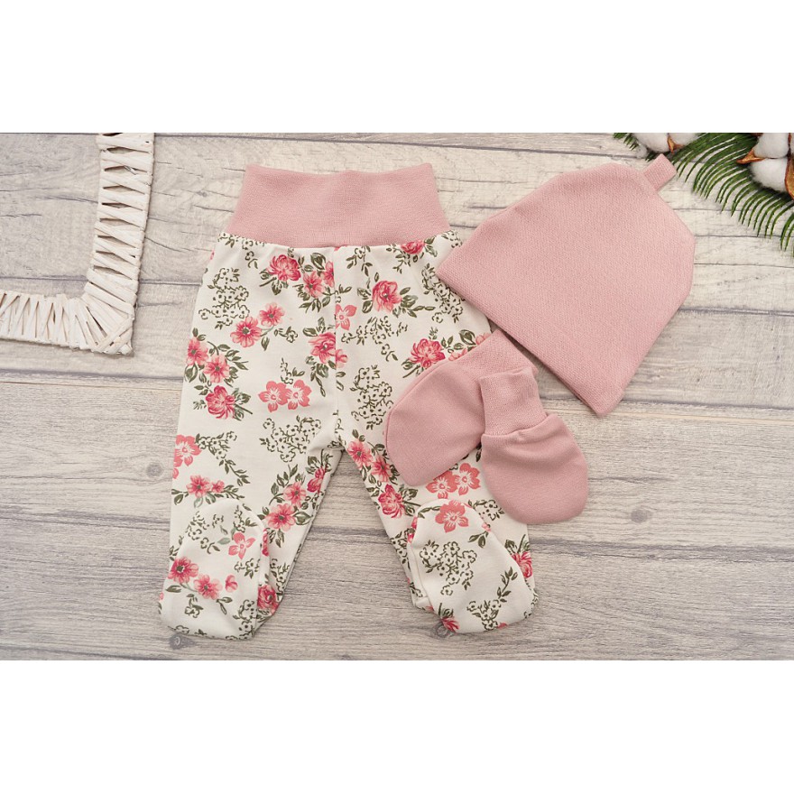 WYPRAWKA dla noworodka do szpitala 5 części pudrowa w kwiaty i liście wzór 354R