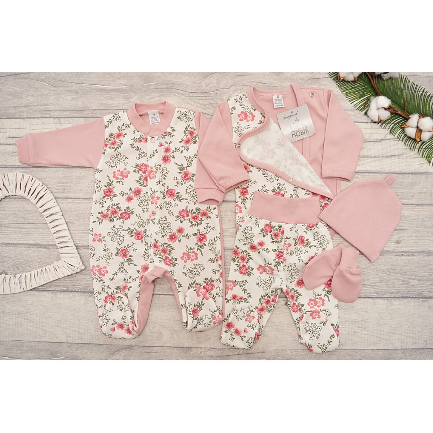 WYPRAWKA dla noworodka do szpitala 5 części pudrowa w kwiaty i liście wzór 354R