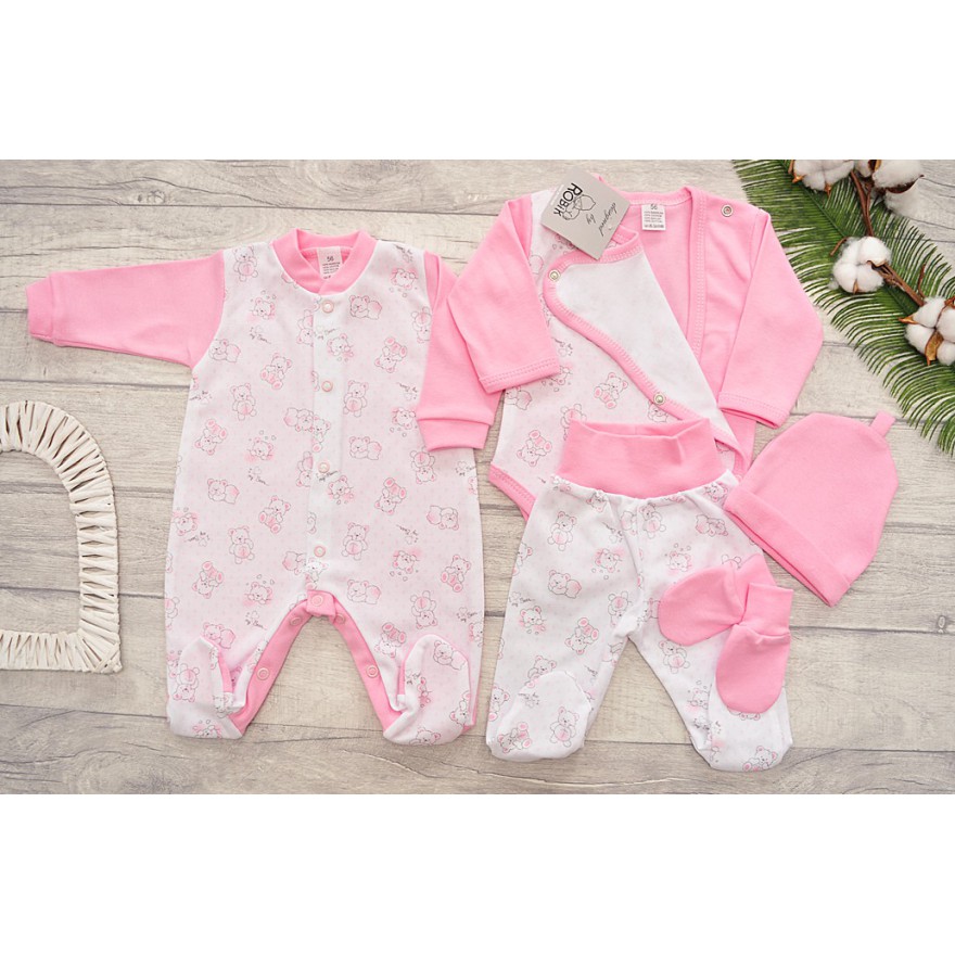 WYPRAWKA dla noworodka do szpitala 5 części różowa w misie wzór 366R