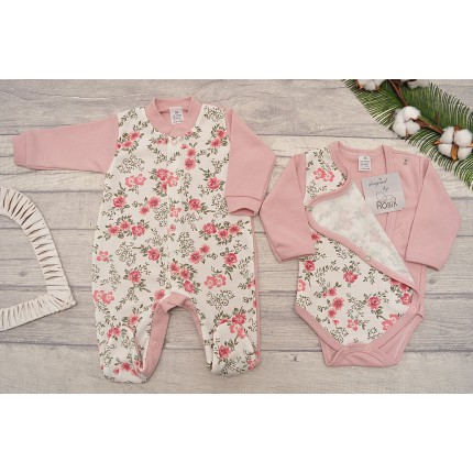 WYPRAWKA dla wcześniaka do szpitala 5 części pudrowa w kwiaty i liście wzór 354R