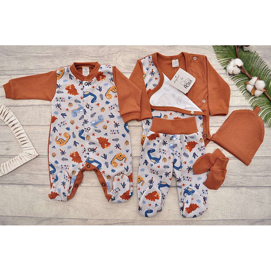 WYPRAWKA dla wcześniaka do szpitala 5 części brązowo-szara w dinozaury wzór 215BR