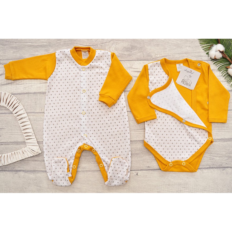 WYPRAWKA dla wcześniaka do szpitala 5 części musztardowa w gwiazdki wzór 214MU