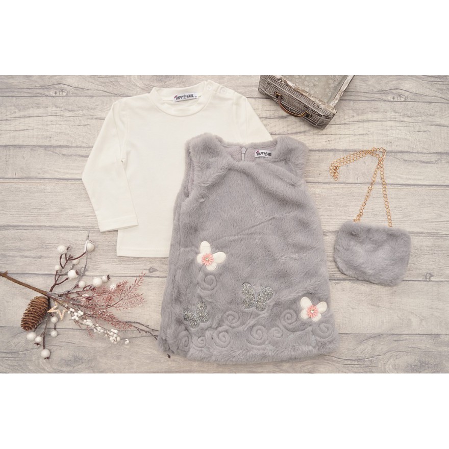 Komplet dziewczęcy szara futerkowa sukienka, bluzka, torebka