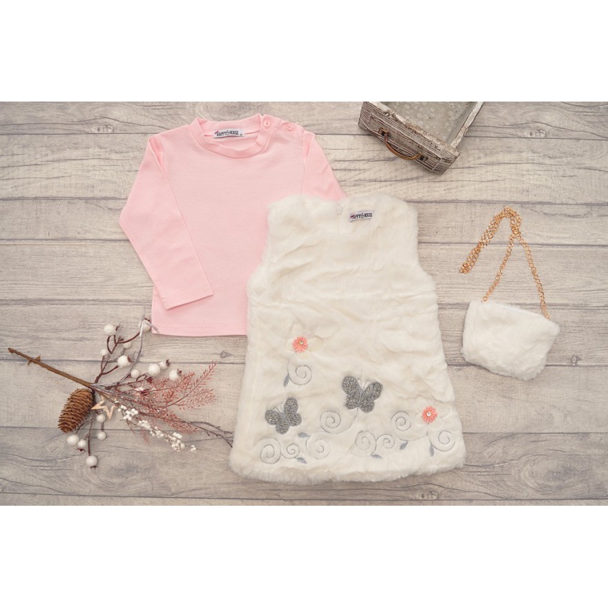 Komplet dziewczęcy ecru futerkowa sukienka, bluzka, torebka