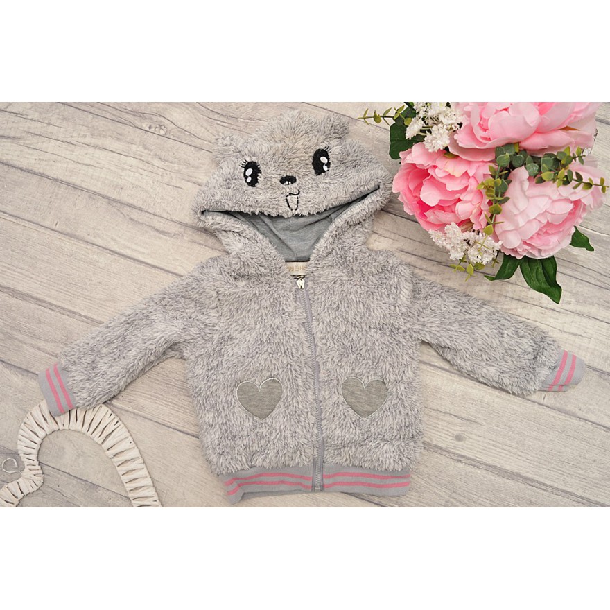 Komplet dziewczęcy, szara futerkowa kurtka bomberka , bluzka, spodnie