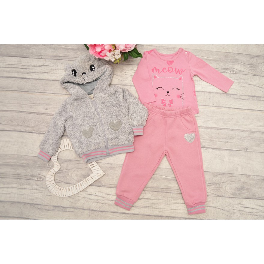 Komplet dziewczęcy, szara futerkowa kurtka bomberka , bluzka, spodnie