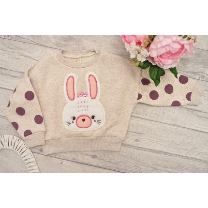 Beżowy DRES ocieplany z puszystym KRÓLICZKIEM bluza, spodnie, komplet