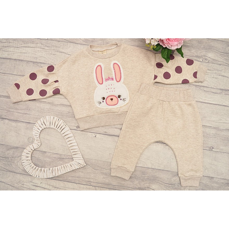 Beżowy DRES ocieplany z puszystym KRÓLICZKIEM bluza, spodnie, komplet