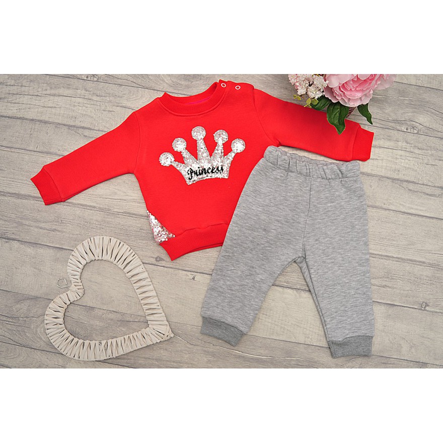 Czerwono-szary DRES ocieplany KORONA CEKINY bluza, spodnie, komplet