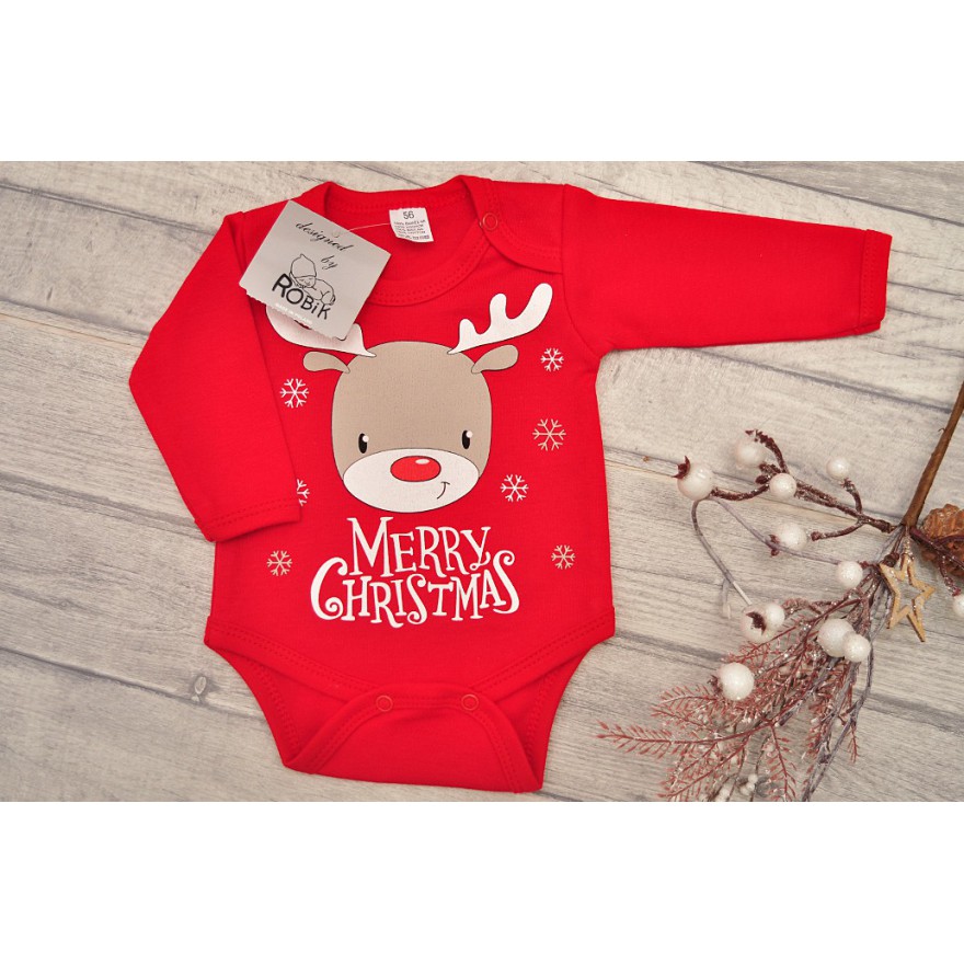 Dziecięce Body na Święta - czerwone z reniferem