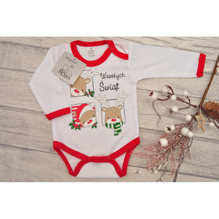 Dziecięce białe BODY na święta Wesołych Świąt z 3 reniferami