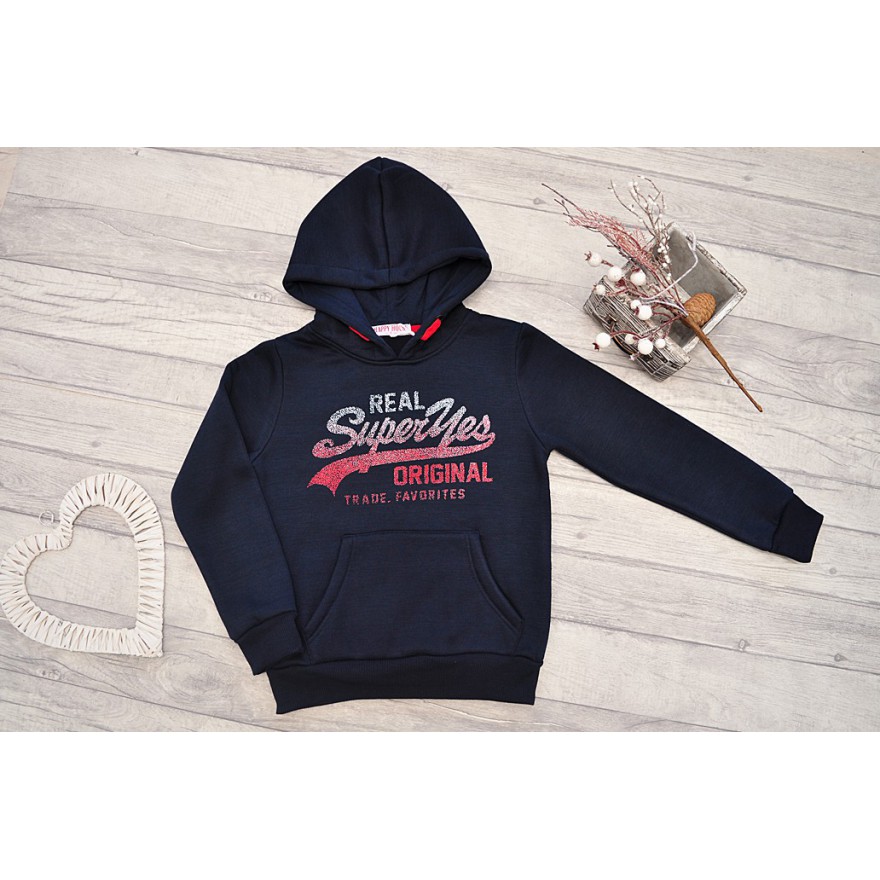 Granatowa BLUZA chłopięca ocieplana z kapturem REAL SuperYes