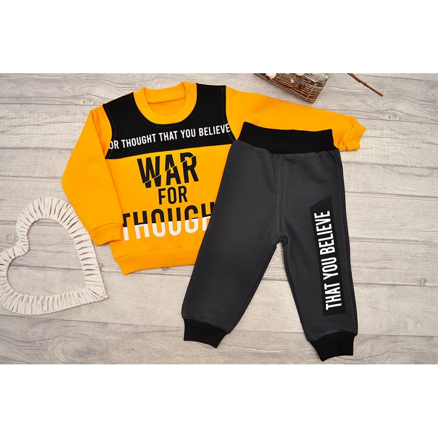 Dres ocieplany WAR FOR THOUGHT musztardowa bluza, grafitowe spodnie, komplet