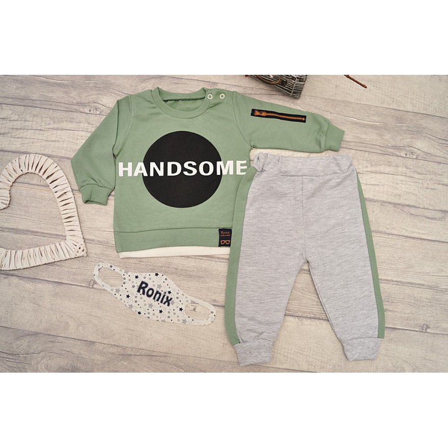 DRES HANDSOM seledynowa bluza,  szare spodnie, maseczka, komplet 3cz.