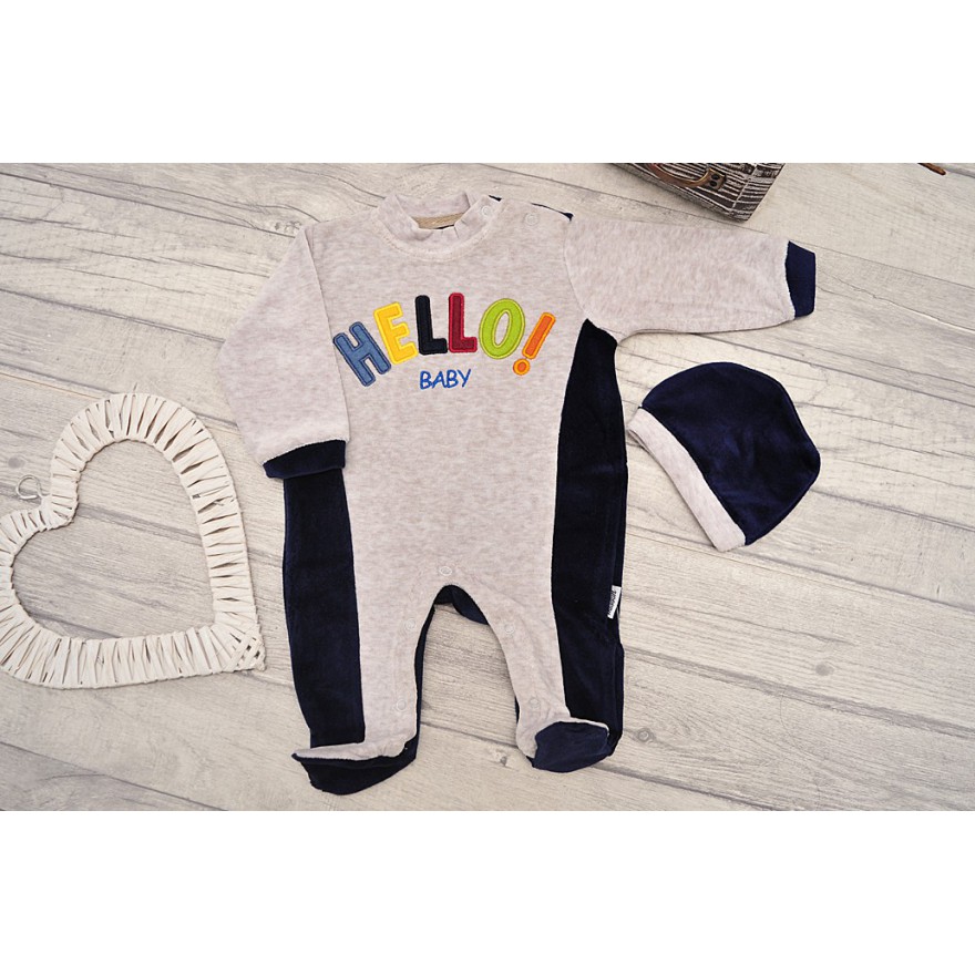 Szaro-granatowy PAJACYK WELUROWY HELLO BABY + czapka smerfetka, komplet 2cz.