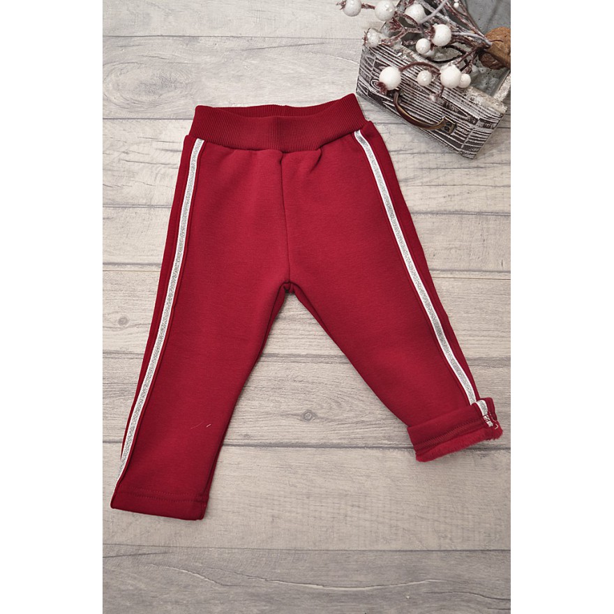 Czerwone LEGGINSY ocieplane na futerku GETRY srebrne lampasy