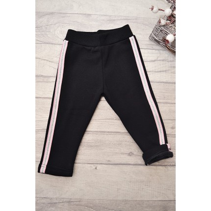 Czarne LEGGINSY ocieplane na futerku GETRY srebrne lampasy