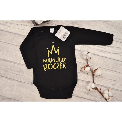 Czarne BODY MAM JUŻ ROCZEK długi rękaw BROKAT
