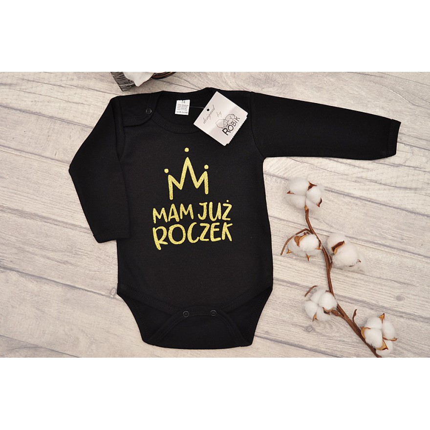 Czarne BODY MAM JUŻ ROCZEK długi rękaw BROKAT