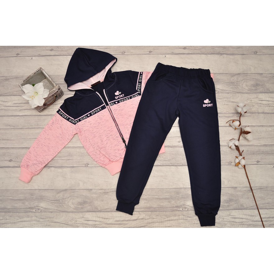 DRES dziewczęcy SPORT GIRL różowo-granatowa bluza z kapturem, spodnie komplet 2cz.