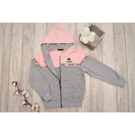 DRES dziewczęcy SPORT GIRL szaro-różowa bluza z kapturem, spodnie komplet 2cz.