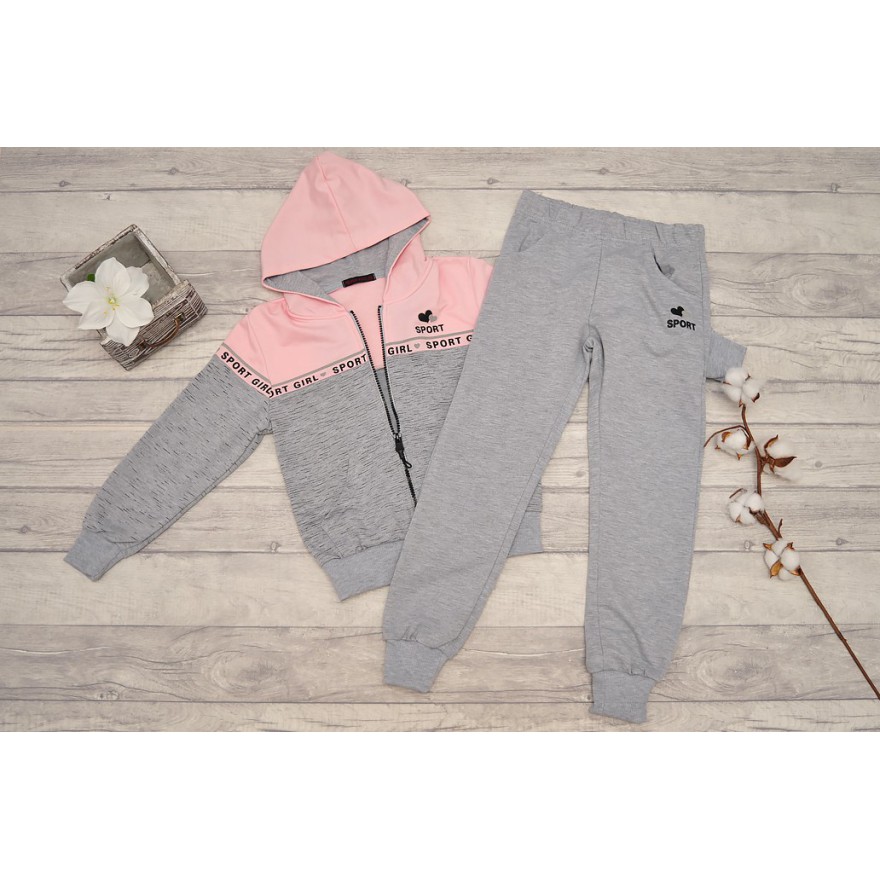 DRES dziewczęcy SPORT GIRL szaro-różowa bluza z kapturem, spodnie komplet 2cz.