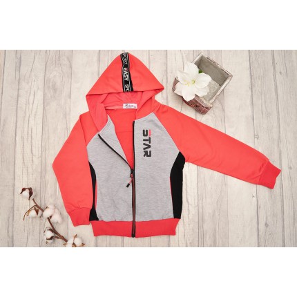 DRES dziewczęcy STAR2 malinowo-szara bluza z kapturem, spodnie, bluzka, komplet 3cz.