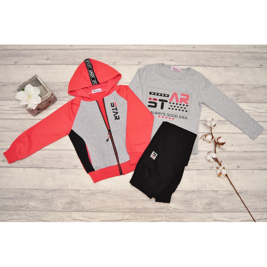 DRES dziewczęcy STAR2 malinowo-szara bluza z kapturem, spodnie, bluzka, komplet 3cz.