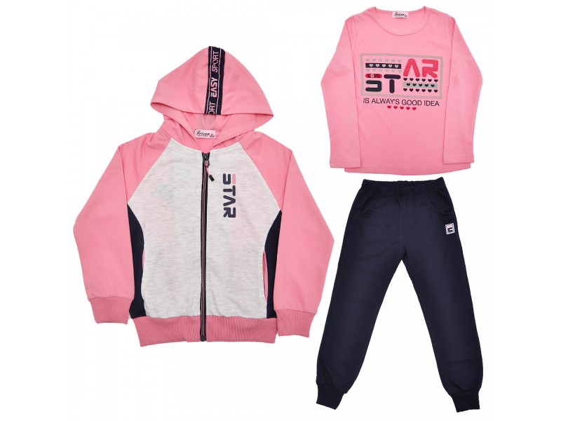 DRES dziewczęcy STAR2 różowo-szara bluza z kapturem, spodnie, bluzka, komplet 3cz.