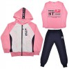 DRES dziewczęcy STAR2 różowo-szara bluza z kapturem, spodnie, bluzka, komplet 3cz.
