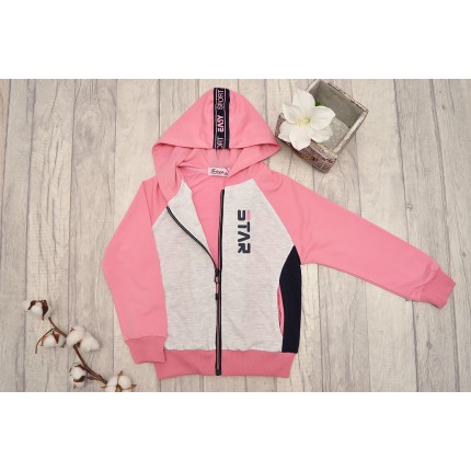 DRES dziewczęcy STAR2 różowo-szara bluza z kapturem, spodnie, bluzka, komplet 3cz.