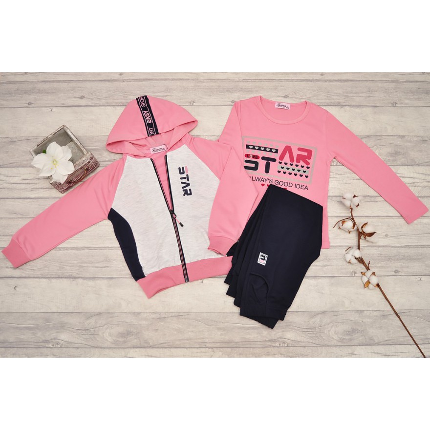 DRES dziewczęcy STAR2 różowo-szara bluza z kapturem, spodnie, bluzka, komplet 3cz.