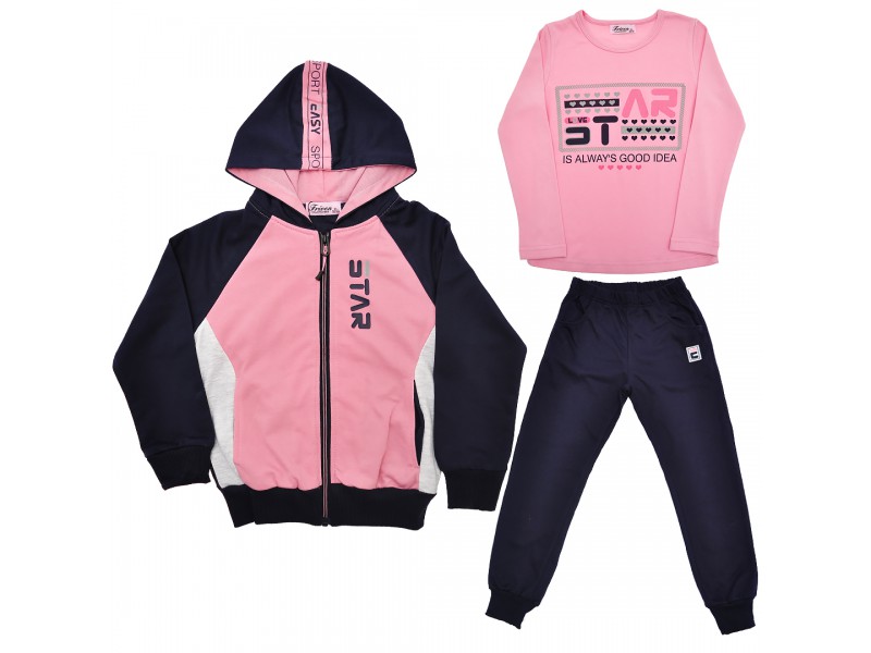 DRES dziewczęcy STAR2 granatowo-różowa bluza z kapturem, spodnie, bluzka, komplet 3cz.