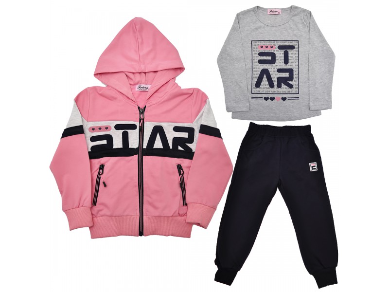 DRES dziewczęcy STAR1 różowa bluza z kapturem, spodnie, bluzka, komplet 3cz.