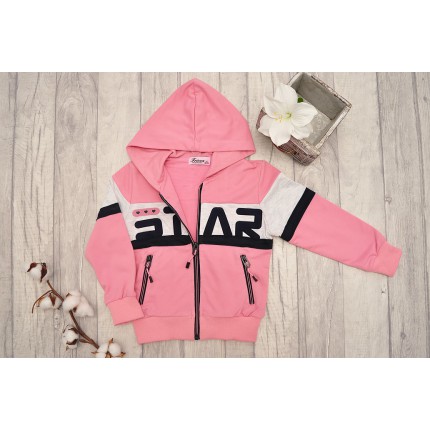 DRES dziewczęcy STAR1 różowa bluza z kapturem, spodnie, bluzka, komplet 3cz.