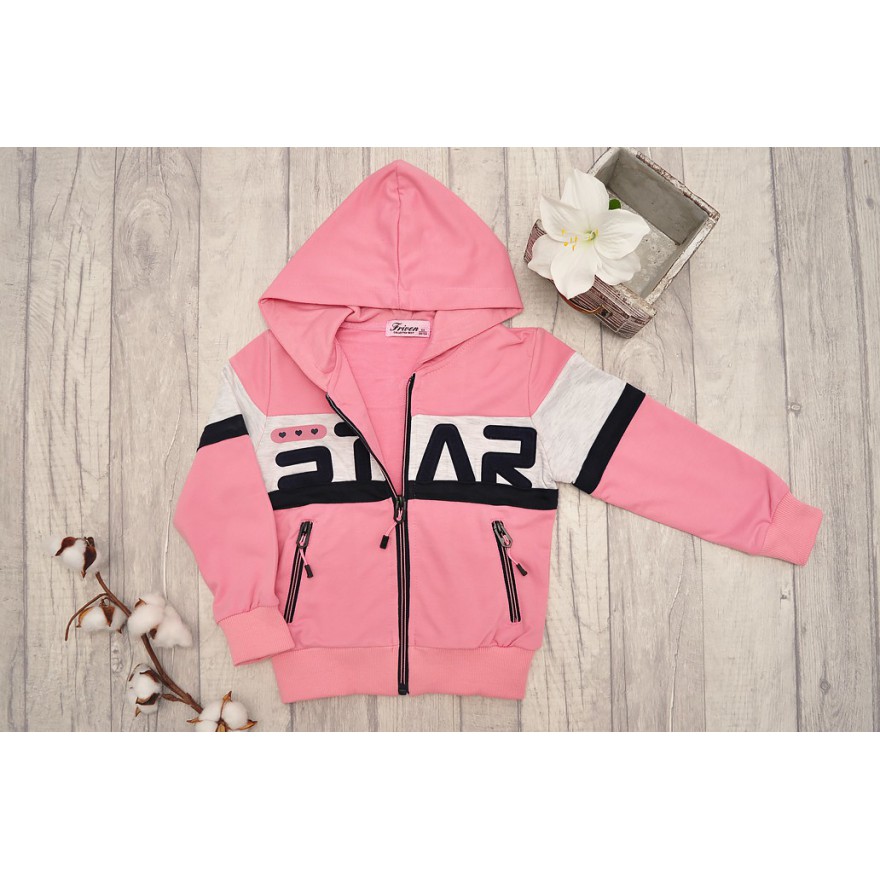 DRES dziewczęcy STAR1 różowa bluza z kapturem, spodnie, bluzka, komplet 3cz.
