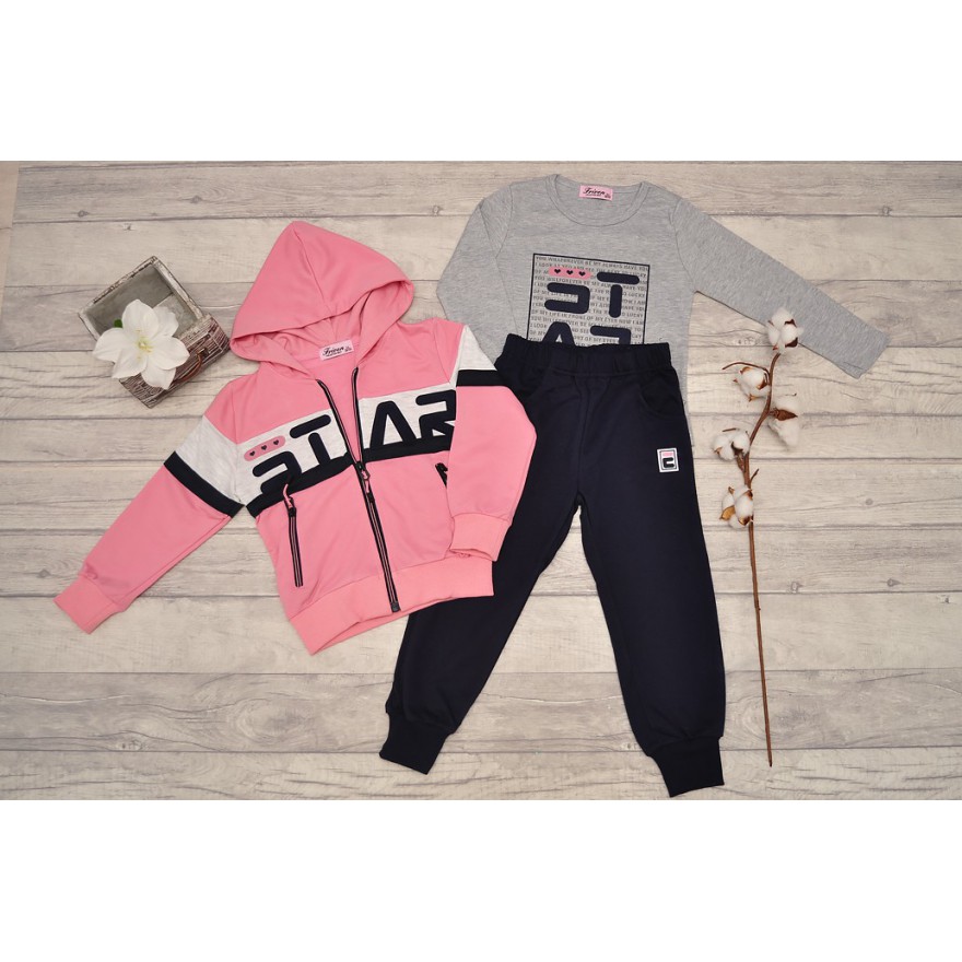 DRES dziewczęcy STAR1 różowa bluza z kapturem, spodnie, bluzka, komplet 3cz.