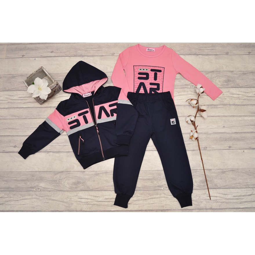 DRES dziewczęcy STAR1 granatowa bluza z kapturem, spodnie, bluzka, komplet 3cz.