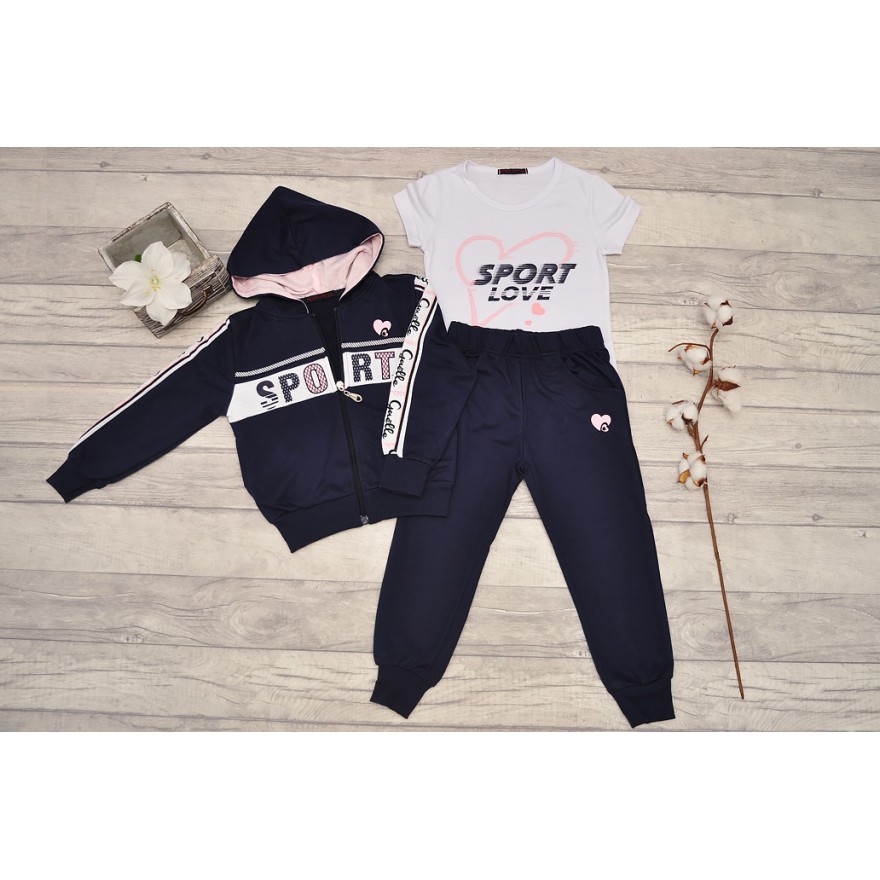 DRES dziewczęcy SPORTS granatowa bluza z kapturem, spodnie, bluzka, komplet 3cz.