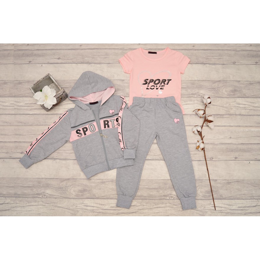DRES dziewczęcy SPORTS szara bluza z kapturem, spodnie, bluzka, komplet 3cz.