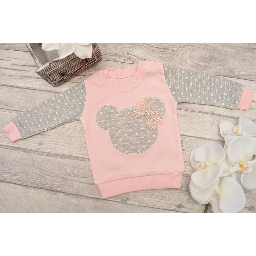 Różowo-szary DRES z myszką, bluza, spodnie, apaszka komplet 3cz.