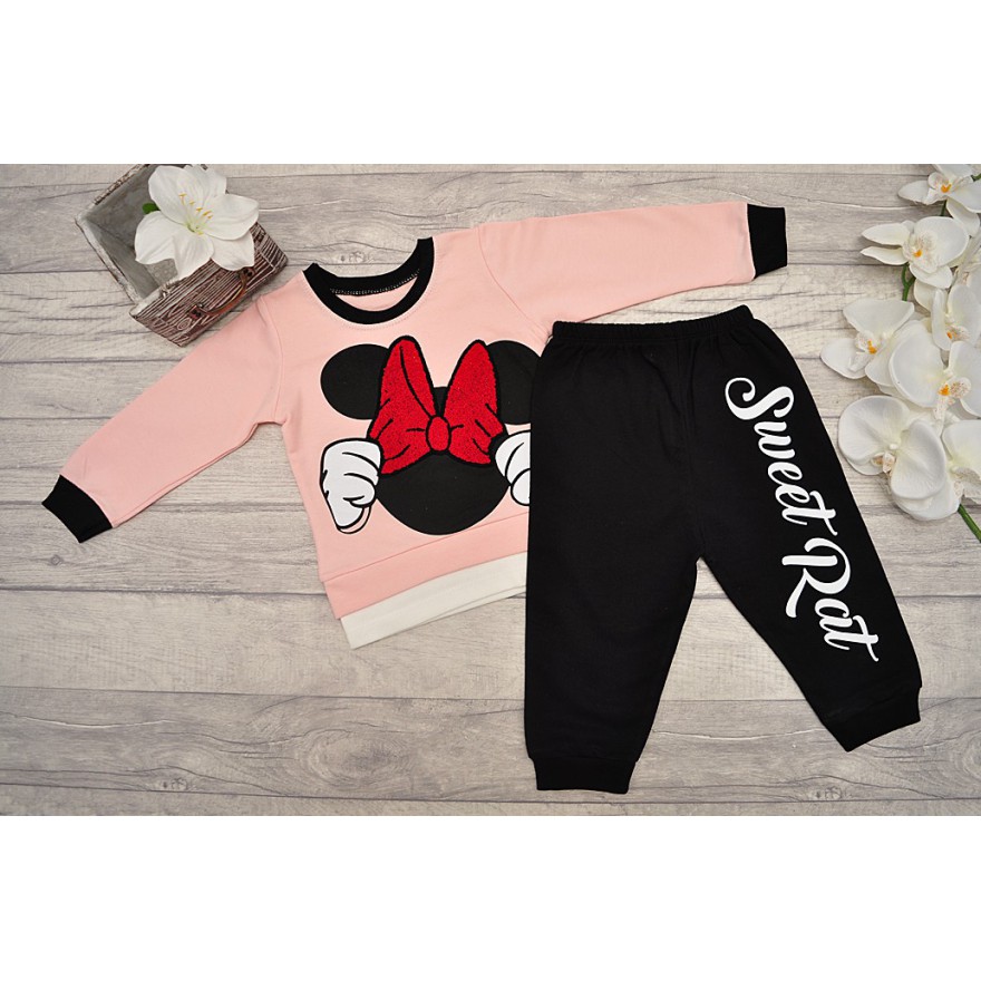 Różowo-czarny DRES z myszką , bluza, spodnie, komplet