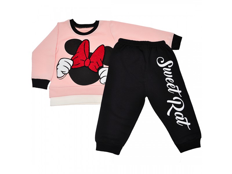 Różowo-czarny DRES z myszką , bluza, spodnie, komplet