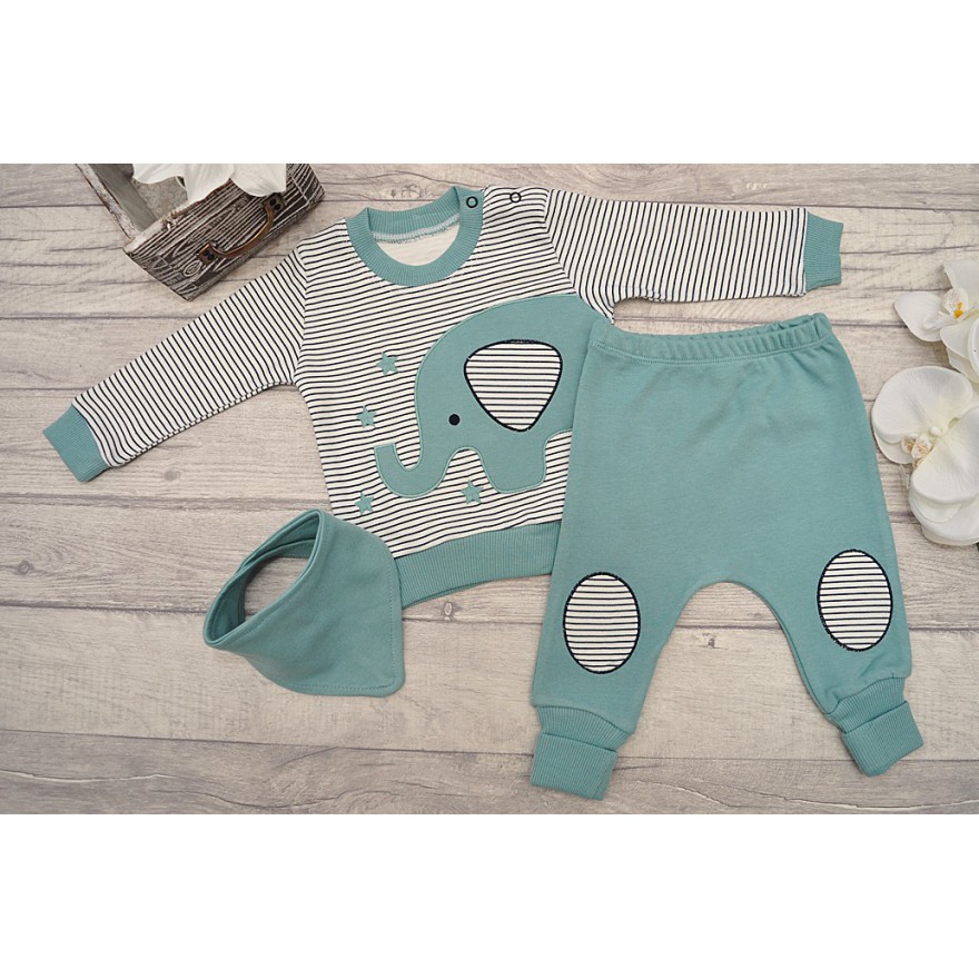 Miętowo-biały DRES ze słoniem, bluza, spodnie, apaszka komplet 3cz.