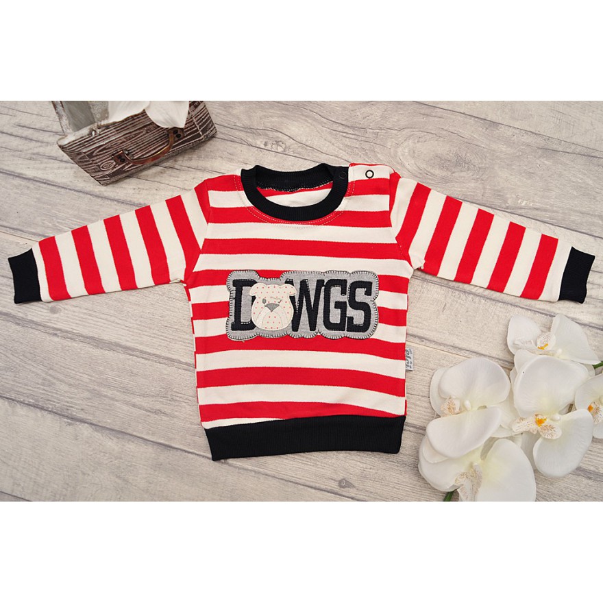 DRES niemowlęcy ze pieskiem, czerwono-biała bluza, spodnie, apaszka komplet 3cz.